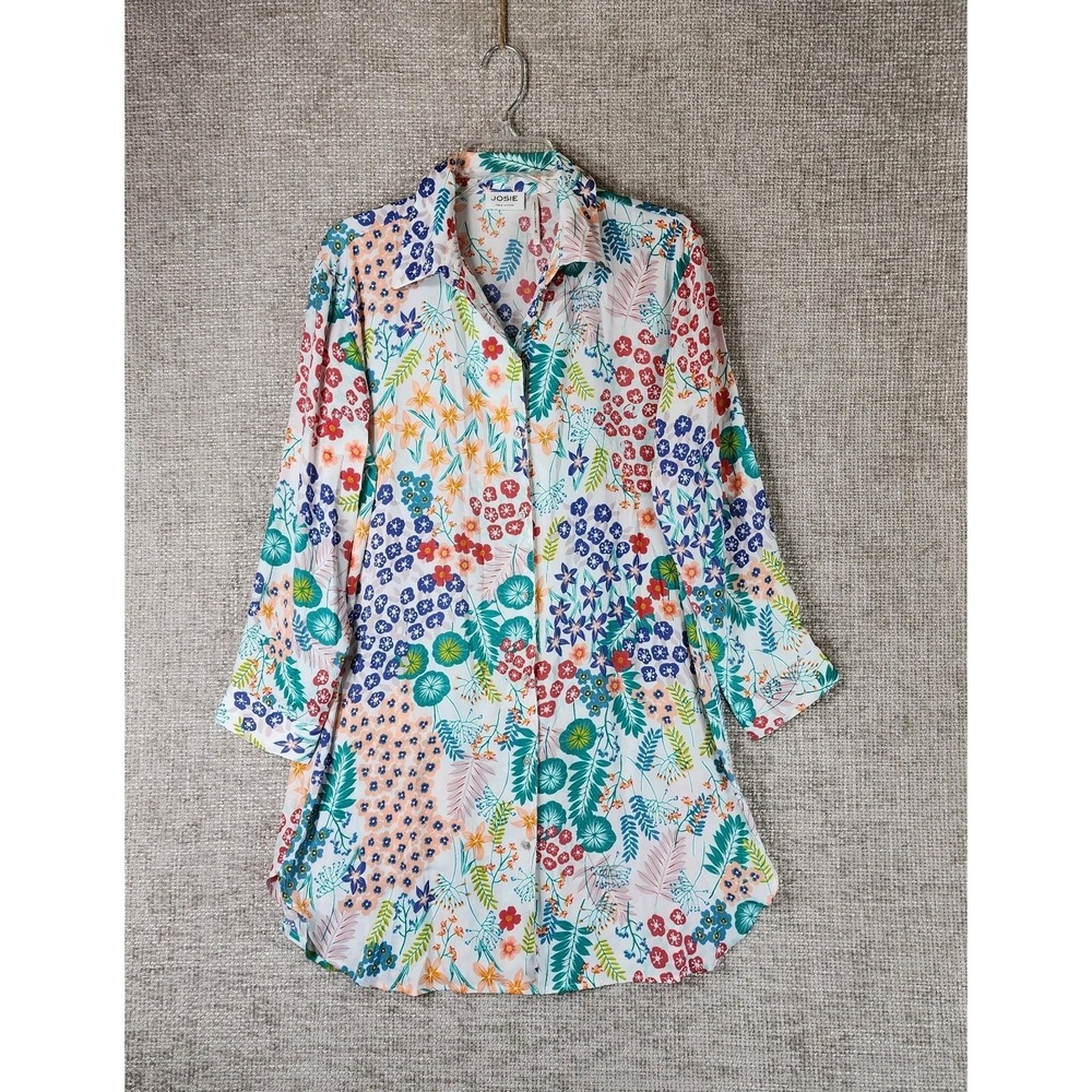 Josie Natori Floral Long Sleeve Button Front Nightshirt Womens Small